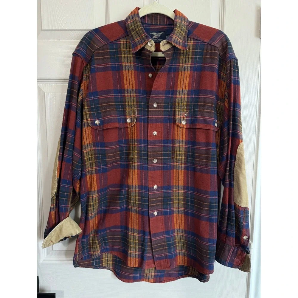 Willis & Geiger Flannel Shirt Mens Medium Plaid Elbow Patch Outdoor Heritage